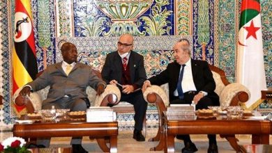 صورة رئيس الجمهورية يتحادث مع نظيره الأوغندي الذي يقوم بزيارة عمل إلى الجزائر